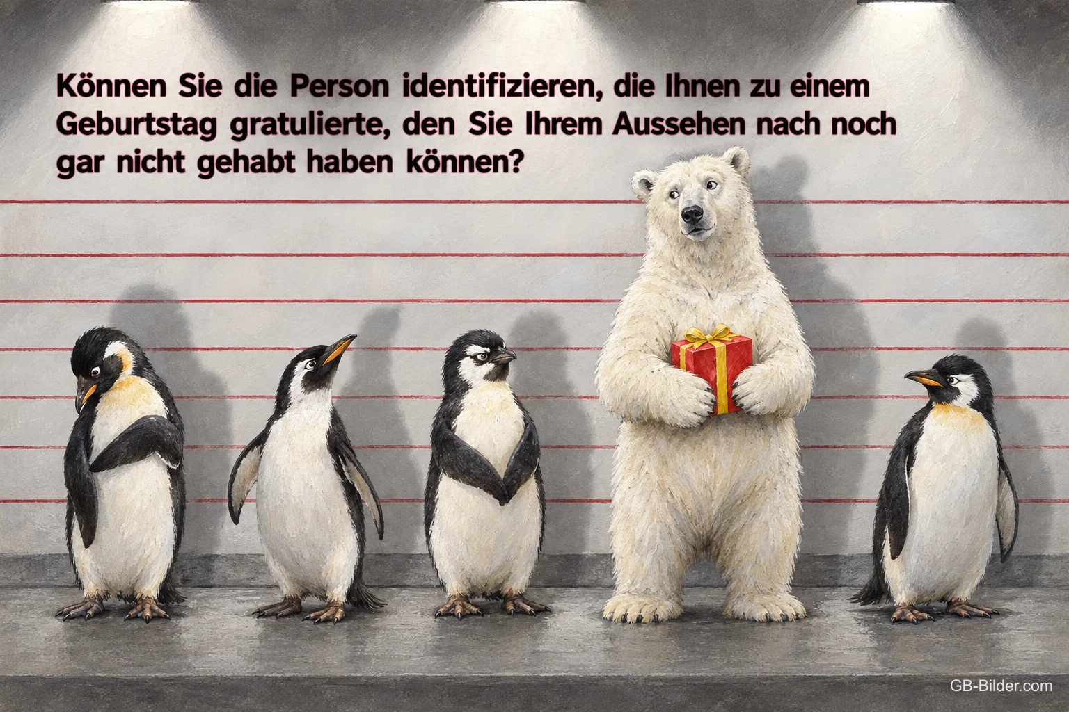 Eisbär mit Geschenk und Pinguine bei einer Gegenüberstellung, lustiger Geburtstagsspruch