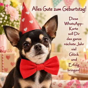 Chihuahua mit Partyhut und Fliege, Text: Alles Gute zum Geburtstag! Viel Glück und Erfolg