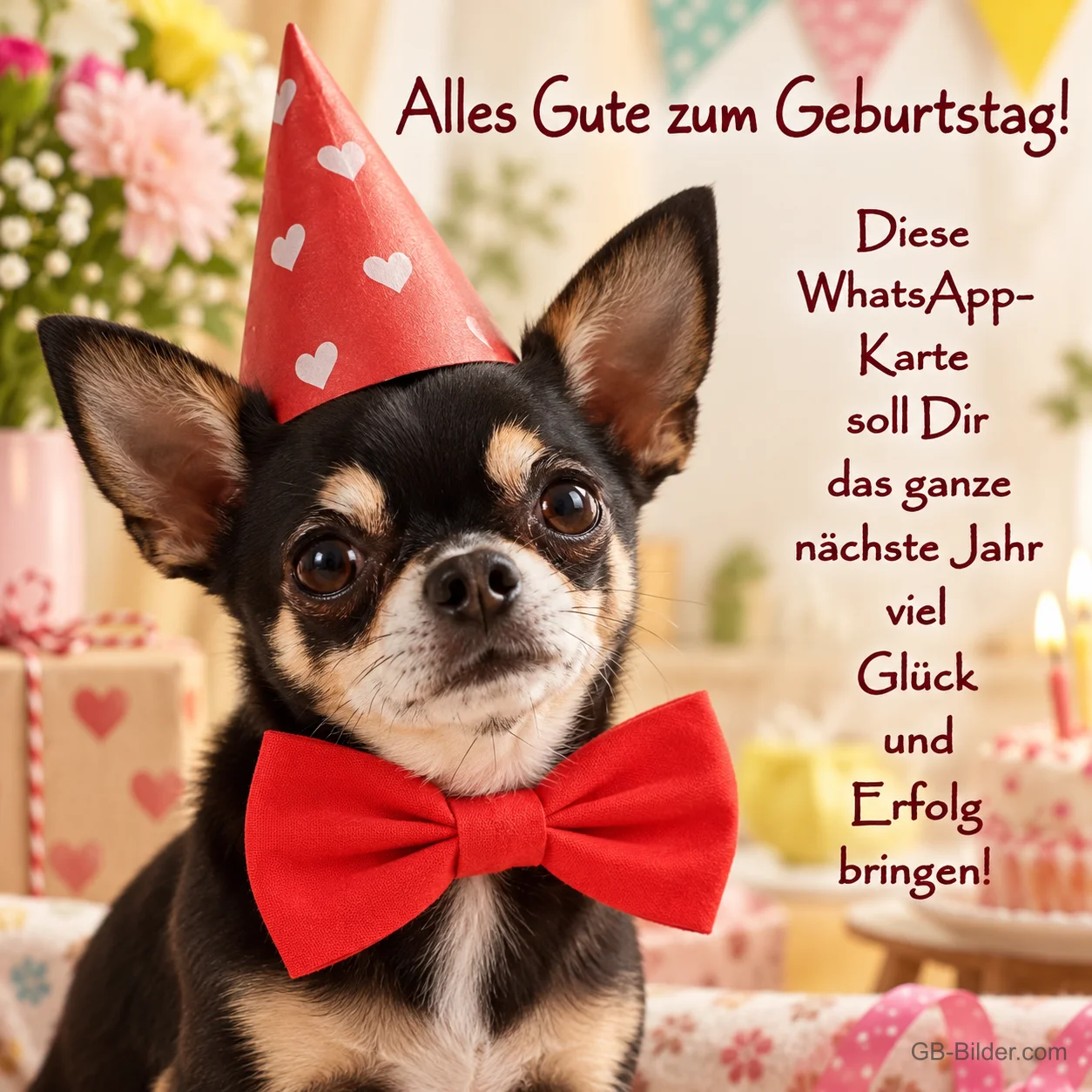 Chihuahua mit Partyhut und Fliege, Text: Alles Gute zum Geburtstag! Viel Glück und Erfolg