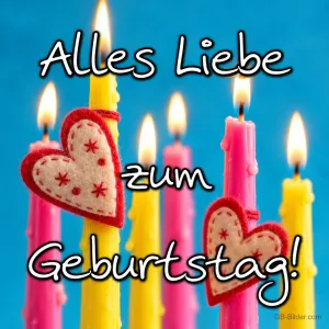 Bunte Kerzen mit Filzherzen, Text: Alles Liebe zum Geburtstag!