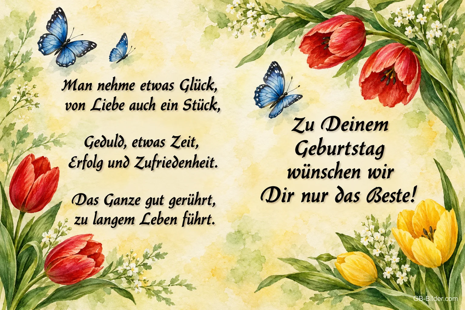 Tulpen und Schmetterlinge um ein Gedicht, Text: Man nehme etwas Glück, von Liebe auch ein Stück. Zu deinem Geburtstag nur das Beste!