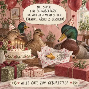 Enten mit Partyhüten packen eine Schnabeltasse aus, lustiger Spruch, Alles Gute zum Geburtstag!