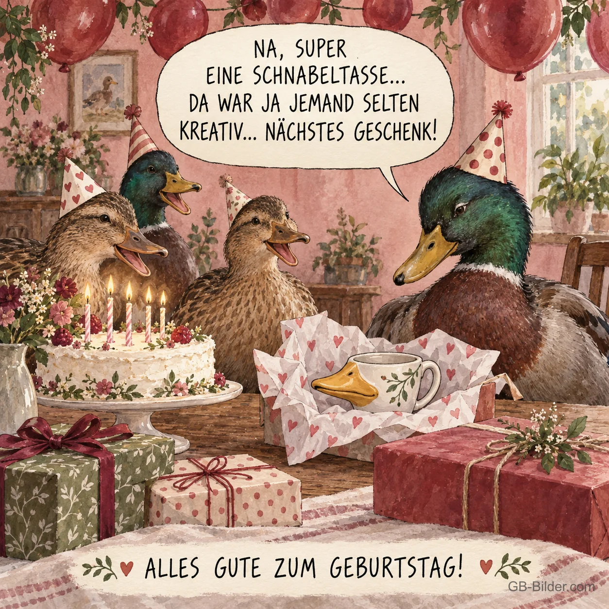 Enten mit Partyhüten packen eine Schnabeltasse aus, lustiger Spruch, Alles Gute zum Geburtstag!