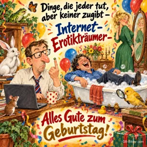 Mann mit Brille schnippt einen Popel, Mann lacht in der Badewanne, Frau vor dem Spiegel, Luftballons, Text: Dinge, die jeder tut, aber keiner zugibt – Internet-Erotikträumer – Alles Gute zum Geburtstag!