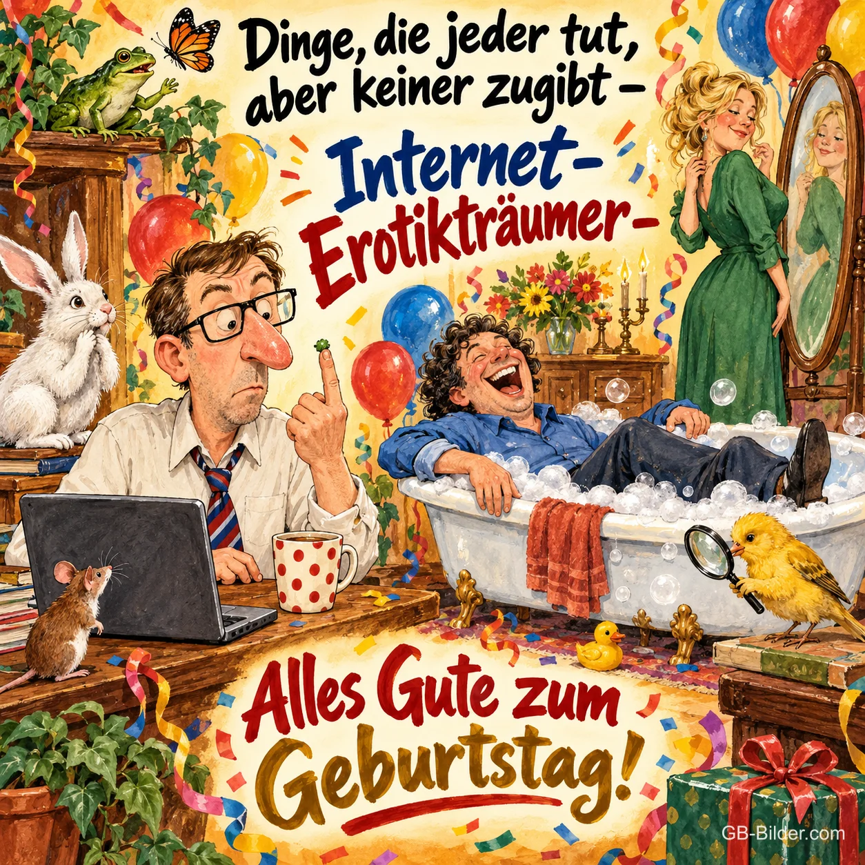 Mann mit Brille schnippt einen Popel, Mann lacht in der Badewanne, Frau vor dem Spiegel, Luftballons, Text: Dinge, die jeder tut, aber keiner zugibt – Internet-Erotikträumer – Alles Gute zum Geburtstag!