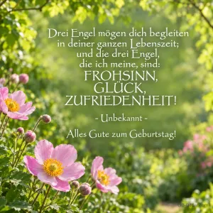 Rosa Anemonen im Garten, Spruch: Drei Engel mögen dich begleiten. Alles Gute zum Geburtstag!