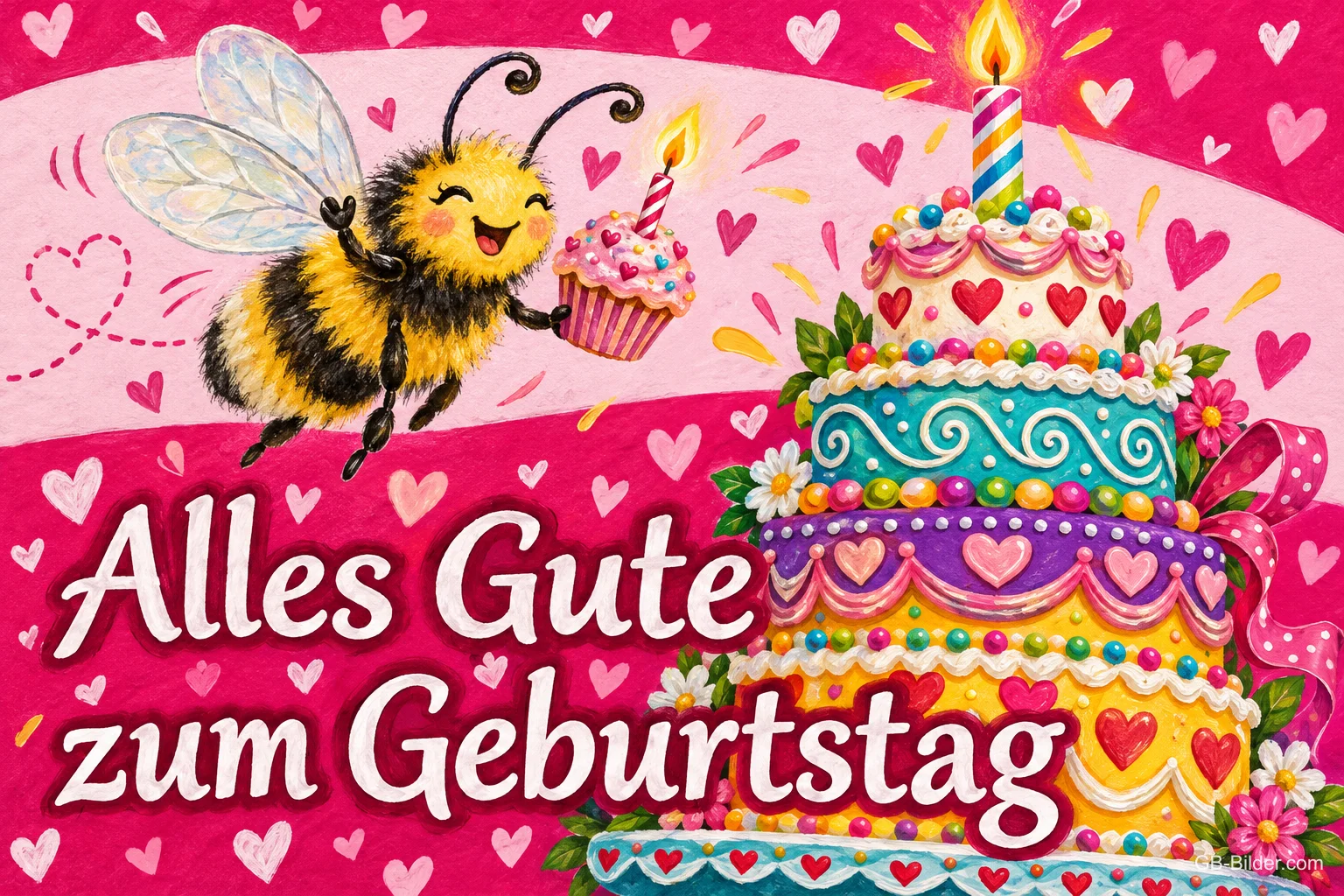 Lachende Biene mit Cupcake neben einer bunten Geburtstagstorte mit Kerze, Text: Alles Gute zum Geburtstag