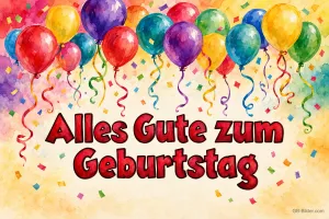 Bunte Luftballons und Konfetti, Text: Alles Gute zum Geburtstag