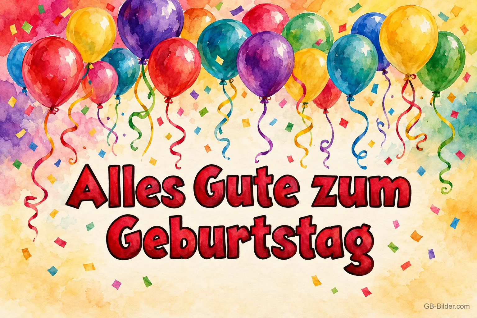 Bunte Luftballons und Konfetti, Text: Alles Gute zum Geburtstag
