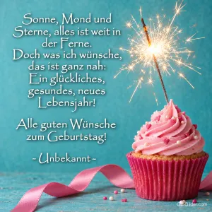 Rosa Cupcake mit Wunderkerze, Gedicht: Sonne, Mond und Sterne. Alle guten Wünsche zum Geburtstag!