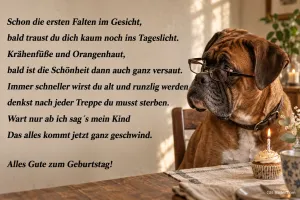 Boxer mit Brille vor einem Cupcake, lustiges Geburtstagsgedicht über Falten