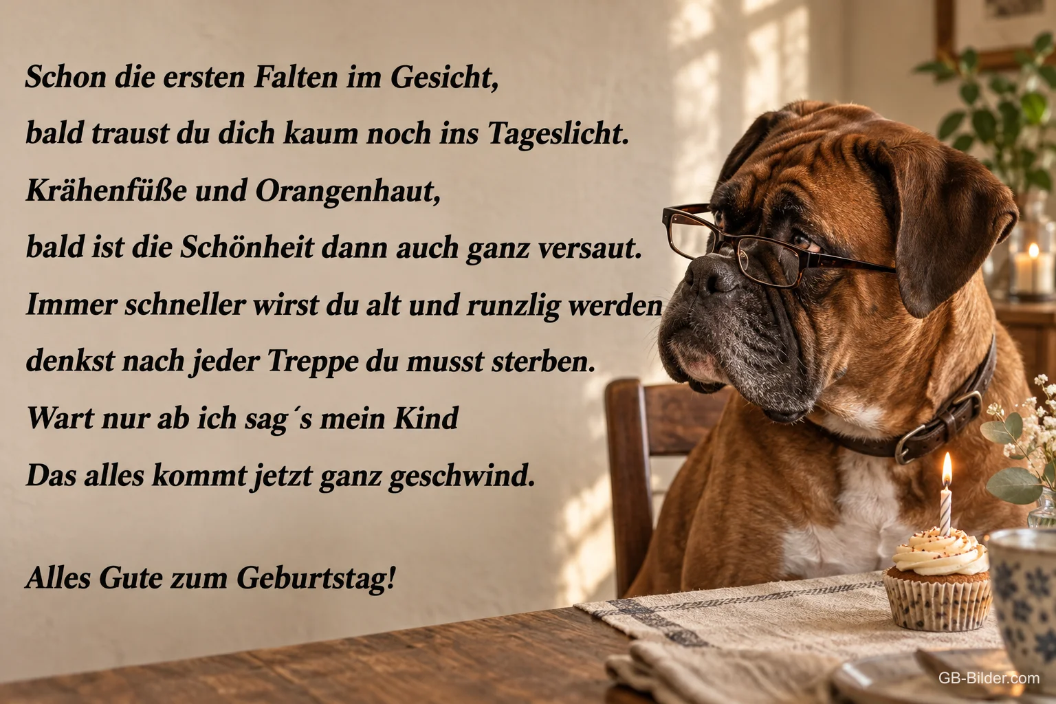 Boxer mit Brille vor einem Cupcake, lustiges Geburtstagsgedicht über Falten