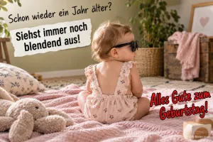 Kleinkind mit Sonnenbrille von hinten, Text: Schon wieder ein Jahr älter? Siehst immer noch blendend aus! Alles Gute zum Geburtstag!