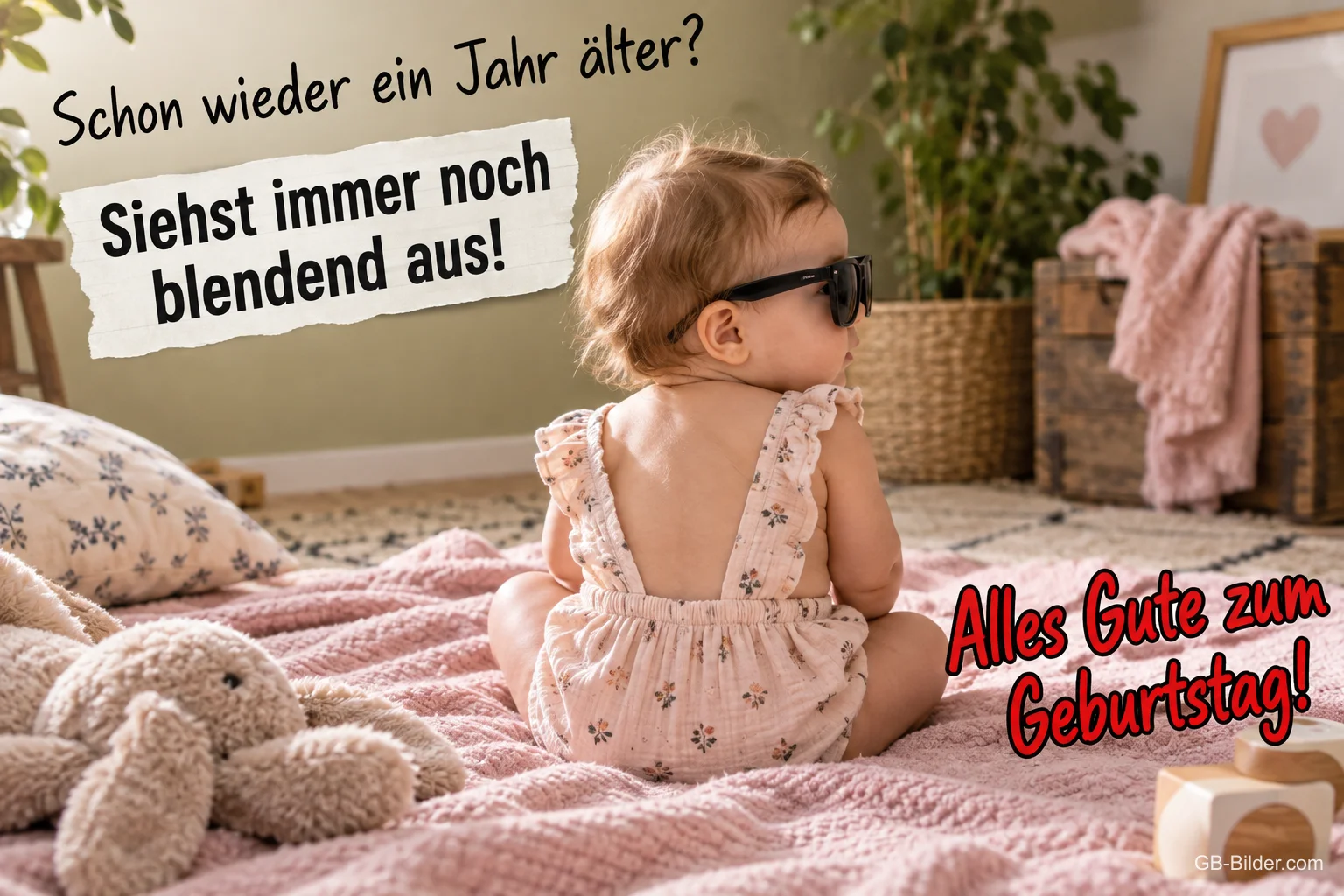 Kleinkind mit Sonnenbrille von hinten, Text: Schon wieder ein Jahr älter? Siehst immer noch blendend aus! Alles Gute zum Geburtstag!