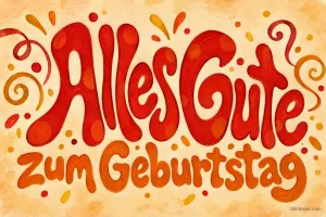 Rote verschnörkelte Schrift auf Orange, Text: Alles Gute zum Geburtstag