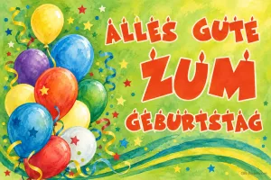 Bunte Luftballons vor grünem Grund, Text: Alles Gute zum Geburtstag