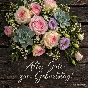 Strauß aus Rosen und Sukkulenten, Text: Alles Gute zum Geburtstag!