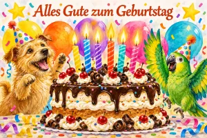 Lachender Hund und grüner Papagei mit Partyhut neben einer Schokoladentorte mit Kerzen und Luftballons, Text: Alles Gute zum Geburtstag