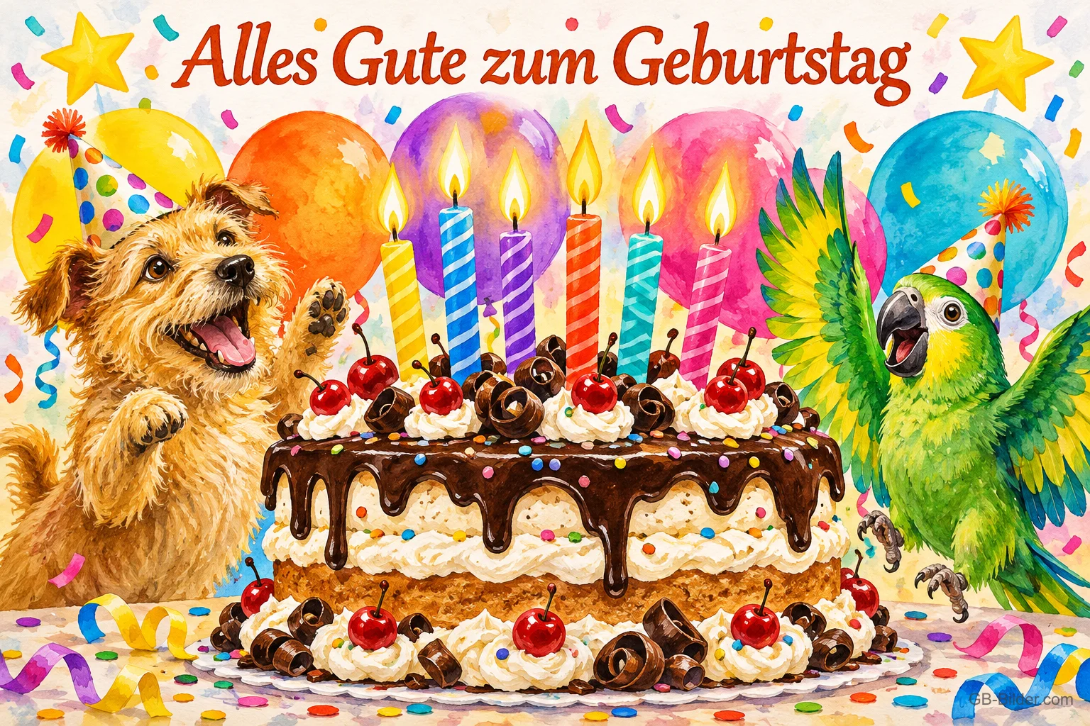 Lachender Hund und grüner Papagei mit Partyhut neben einer Schokoladentorte mit Kerzen und Luftballons, Text: Alles Gute zum Geburtstag