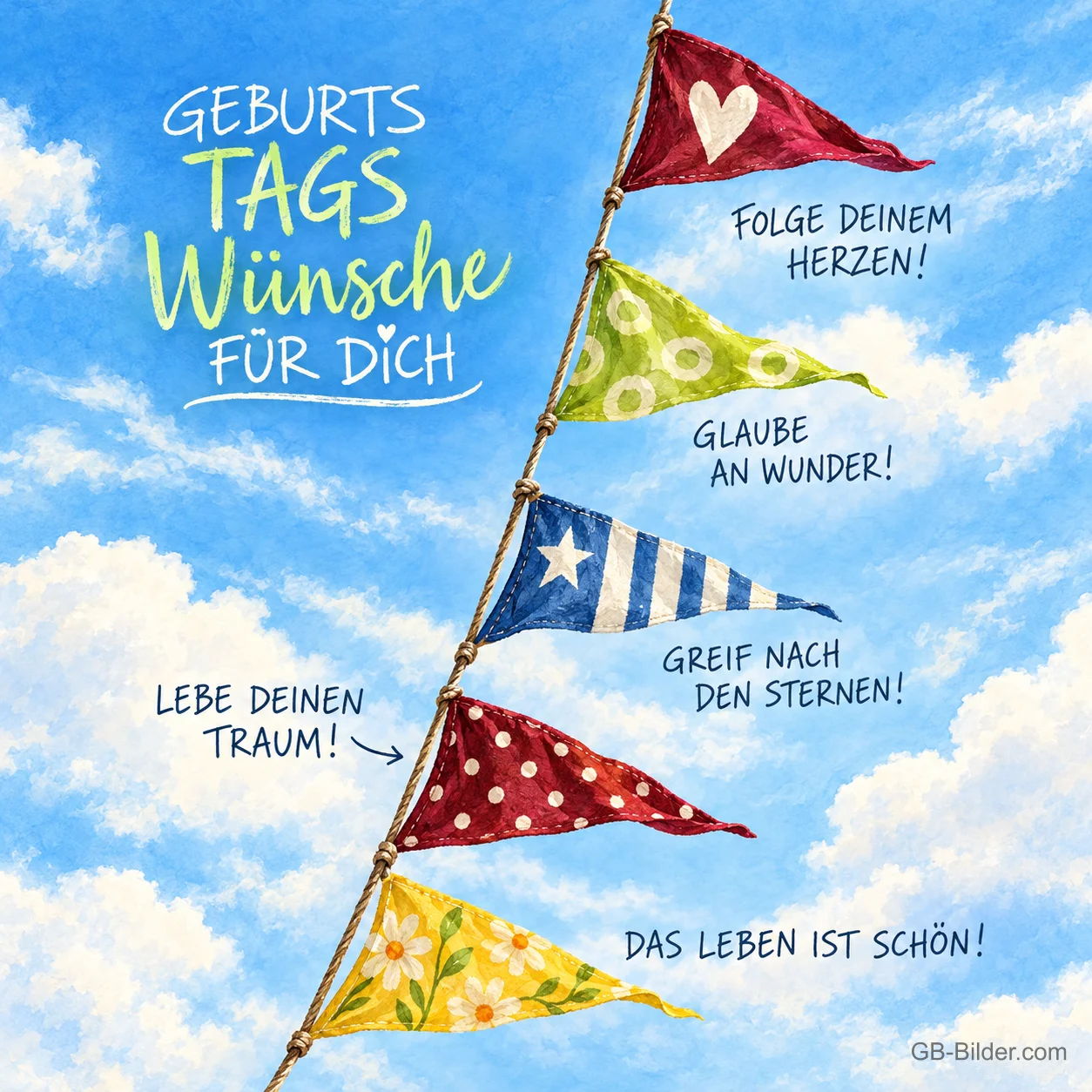 Bunte Wimpel vor blauem Himmel, Geburtstagswünsche: Folge deinem Herzen, glaube an Wunder