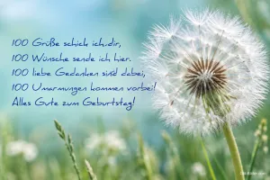 Pusteblume auf einer Wiese, Gedicht: 100 Grüße schick ich dir. Alles Gute zum Geburtstag!