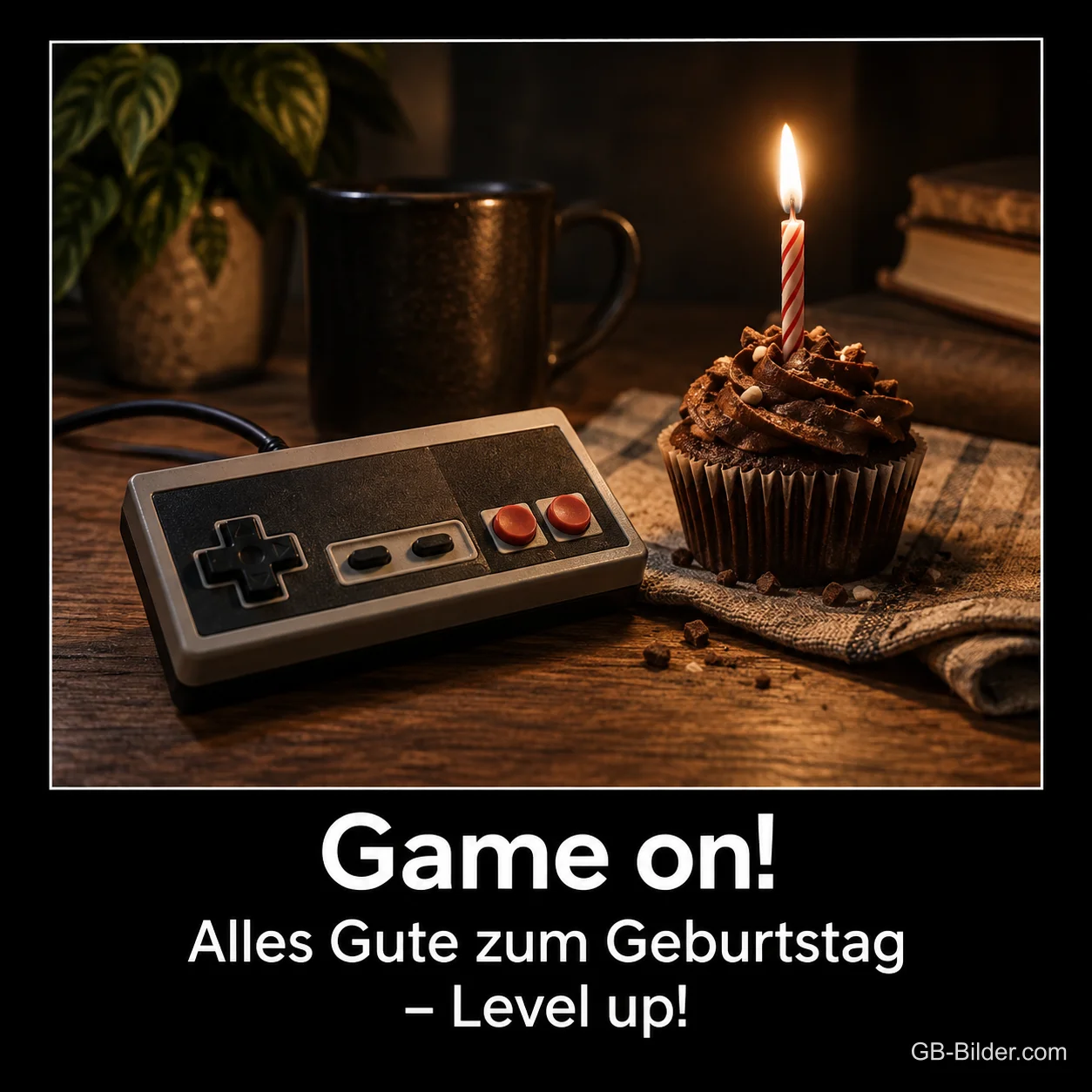 Spiele-Controller neben Cupcake mit Kerze, Text: Game on! Alles Gute zum Geburtstag – Level up!