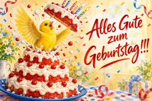 Gelber Kanarienvogel platzt jubelnd aus einer Kirschtorte mit Kerzen, Text: Alles Gute zum Geburtstag!!!