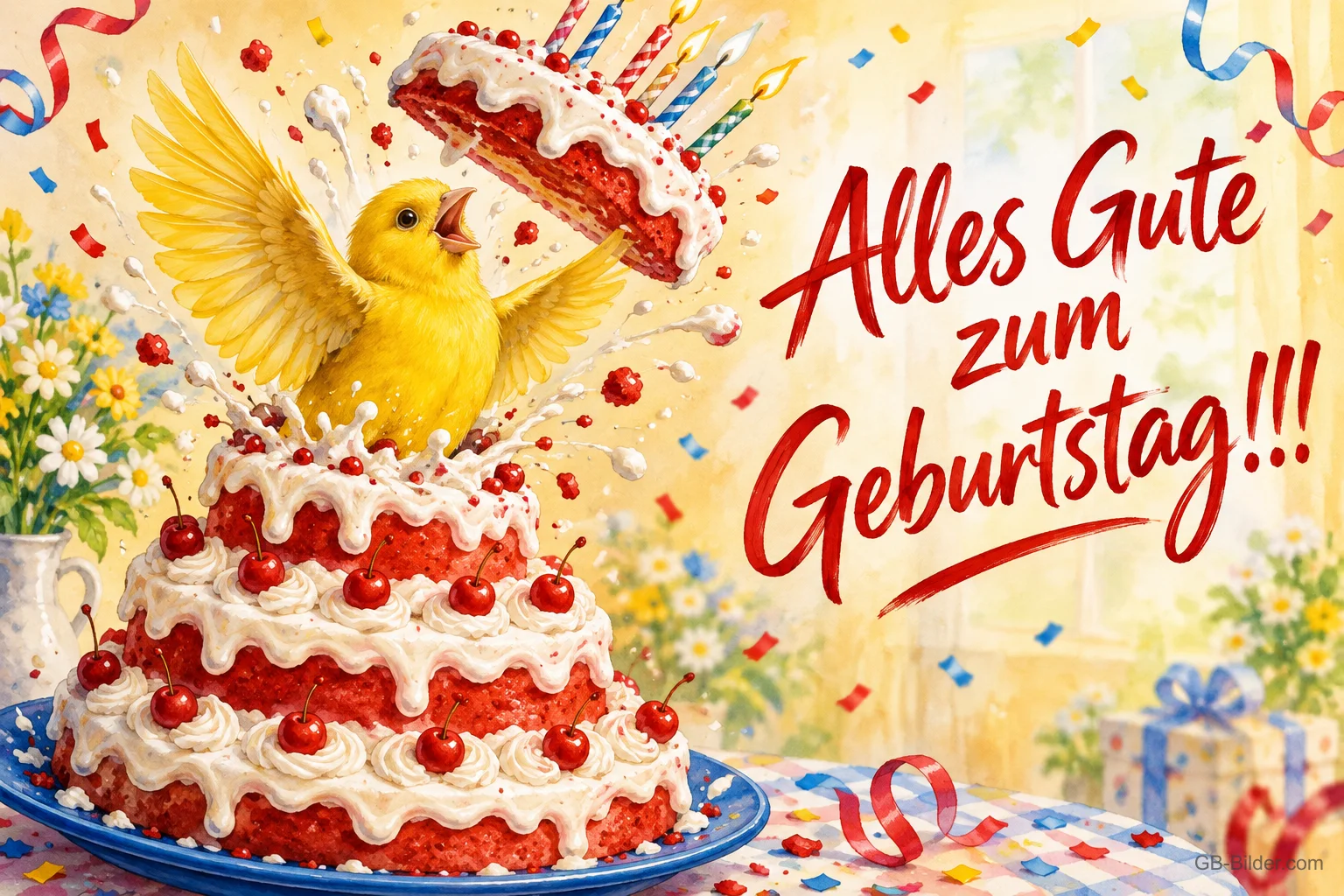 Gelber Kanarienvogel platzt jubelnd aus einer Kirschtorte mit Kerzen, Text: Alles Gute zum Geburtstag!!!