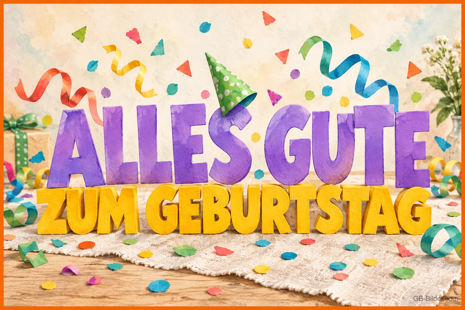 Bunte Buchstaben mit Partyhut und Konfetti, Text: Alles Gute zum Geburtstag
