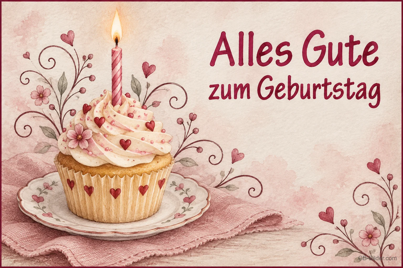 Cupcake mit Kerze und Herzranken, Text: Alles Gute zum Geburtstag