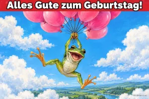 Lachender Frosch schwebt an rosa Luftballons über eine Landschaft, Text: Alles Gute zum Geburtstag!