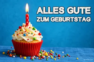 Cupcake mit Kerze vor blauem Grund, Text: Alles Gute zum Geburtstag