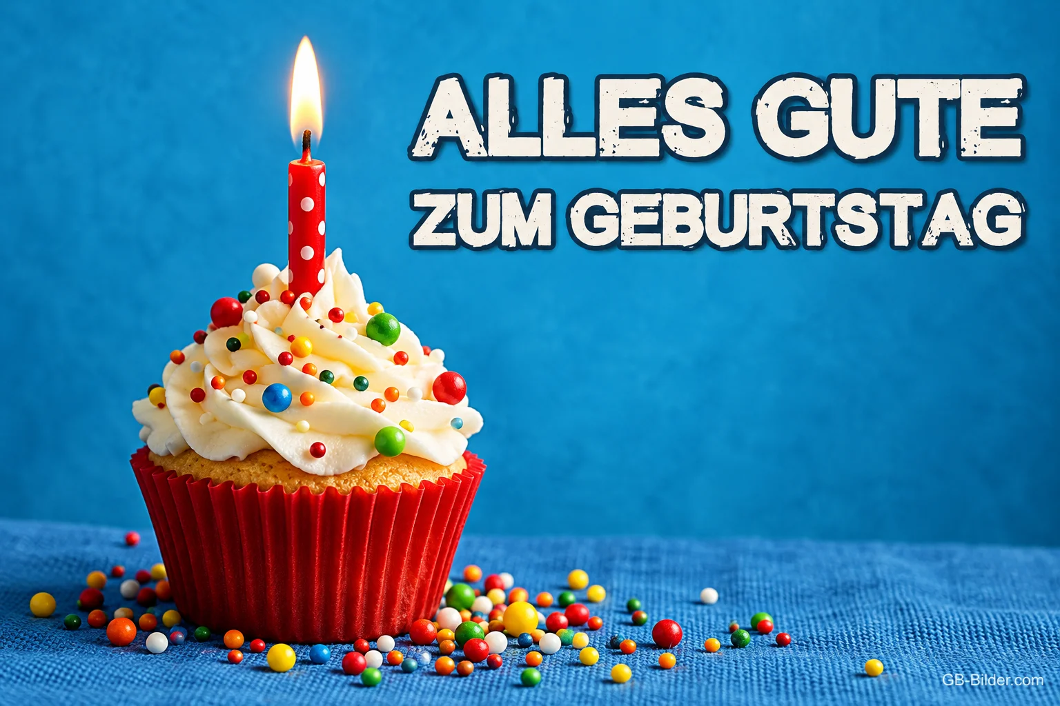 Cupcake mit Kerze vor blauem Grund, Text: Alles Gute zum Geburtstag