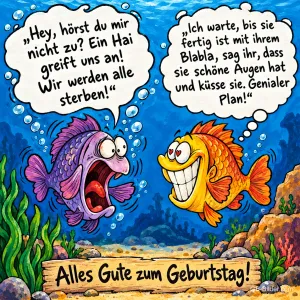Erschrockener lila Fisch und verliebt grinsender gelber Fisch unter Wasser, Text: „Hey, hörst du mir nicht zu? Ein Hai greift uns an! Wir werden alle sterben!“ „Ich warte, bis sie fertig ist mit ihrem Blabla, sag ihr, dass sie schöne Augen hat und küsse sie. Genialer Plan!“ Alles Gute zum Geburtstag!