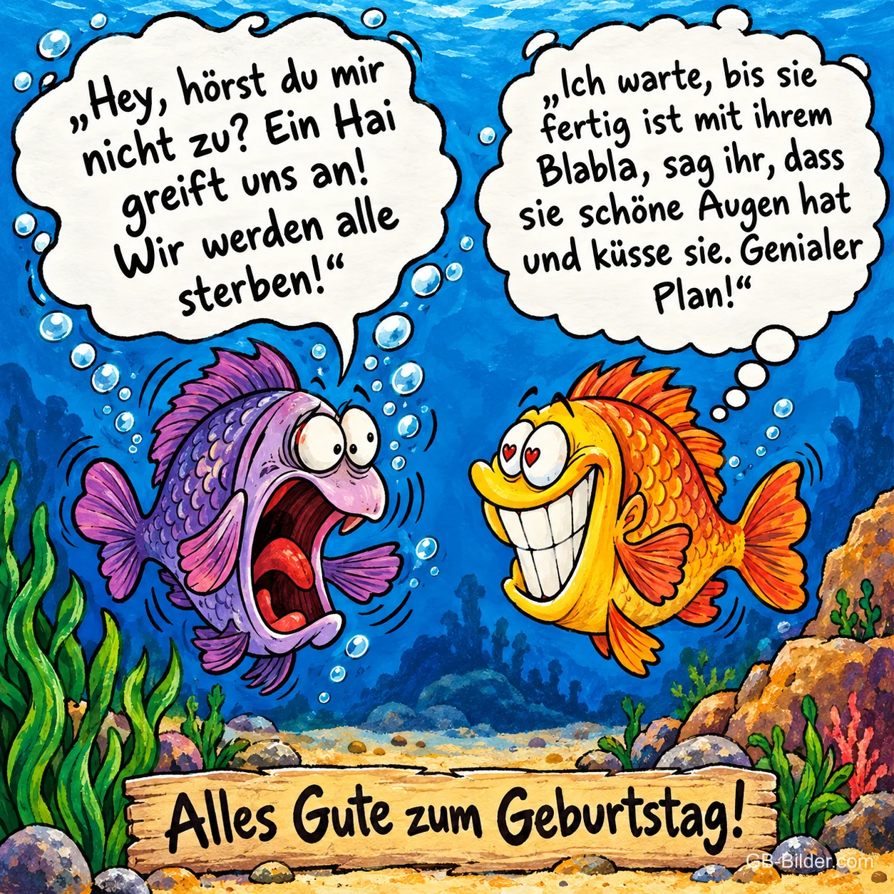 Erschrockener lila Fisch und verliebt grinsender gelber Fisch unter Wasser, Text: „Hey, hörst du mir nicht zu? Ein Hai greift uns an! Wir werden alle sterben!“ „Ich warte, bis sie fertig ist mit ihrem Blabla, sag ihr, dass sie schöne Augen hat und küsse sie. Genialer Plan!“ Alles Gute zum Geburtstag!