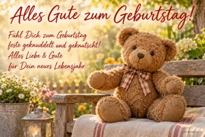Teddybär auf einer Gartenbank, Text: Alles Gute zum Geburtstag! Fühl Dich feste geknuddelt und geknutscht!