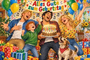 Familie jubelt und singt mit Geburtstagstorte, Geschenken, Luftballons und Hund, Text: Alles Gute zum Geburtstag