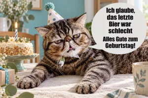 Verkaterte Katze mit Partyhut vor einer Torte, Text: Ich glaube, das letzte Bier war schlecht. Alles Gute zum Geburtstag!