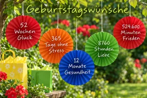 Bunte Papierrosetten im Garten, Geburtstagswünsche: 52 Wochen Glück, 365 Tage ohne Stress