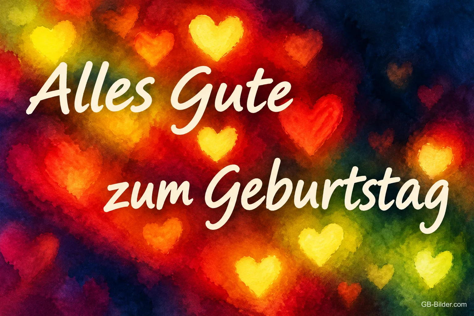 Leuchtende bunte Herzen, Text: Alles Gute zum Geburtstag