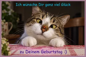 Katze schielt auf einen Marienkäfer, Text: Ich wünsche Dir ganz viel Glück zu Deinem Geburtstag