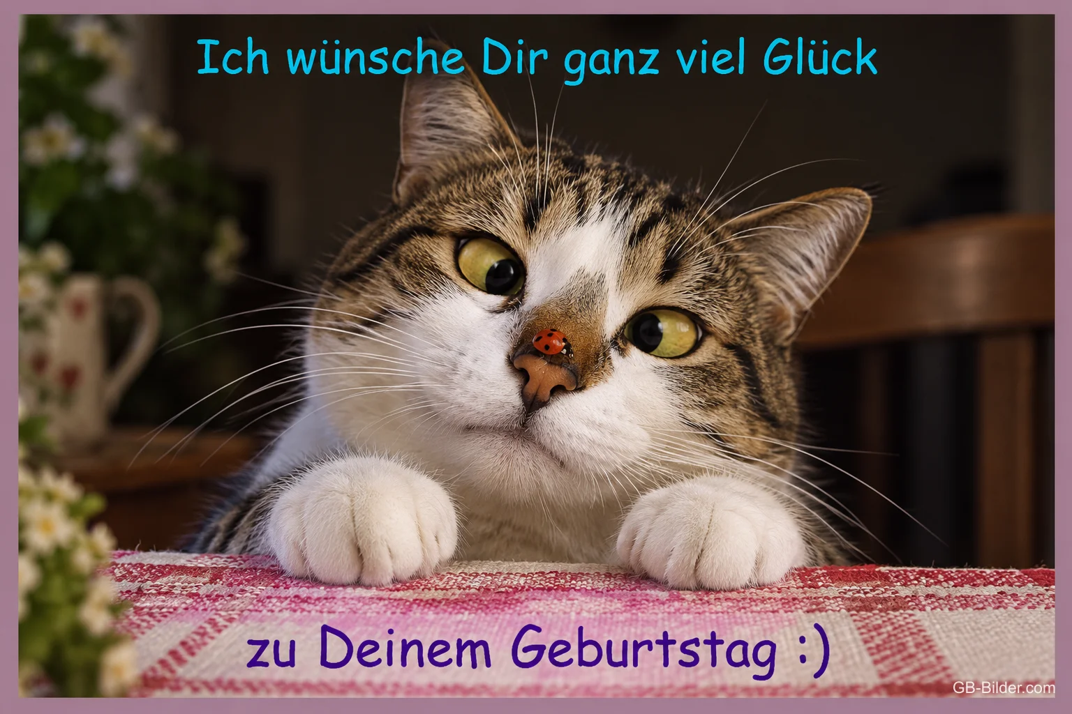 Katze schielt auf einen Marienkäfer, Text: Ich wünsche Dir ganz viel Glück zu Deinem Geburtstag