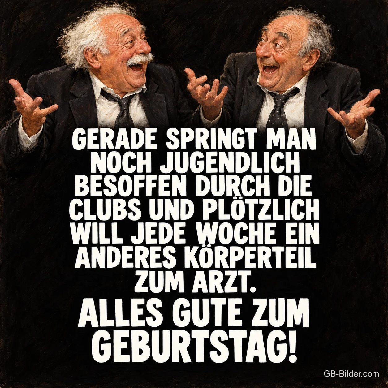 Zwei alte Herren in Anzügen lachen und zucken mit den Schultern, Text: GERADE SPRINGT MAN NOCH JUGENDLICH BESOFFEN DURCH DIE CLUBS UND PLÖTZLICH WILL JEDE WOCHE EIN ANDERES KÖRPERTEIL ZUM ARZT. ALLES GUTE ZUM GEBURTSTAG!
