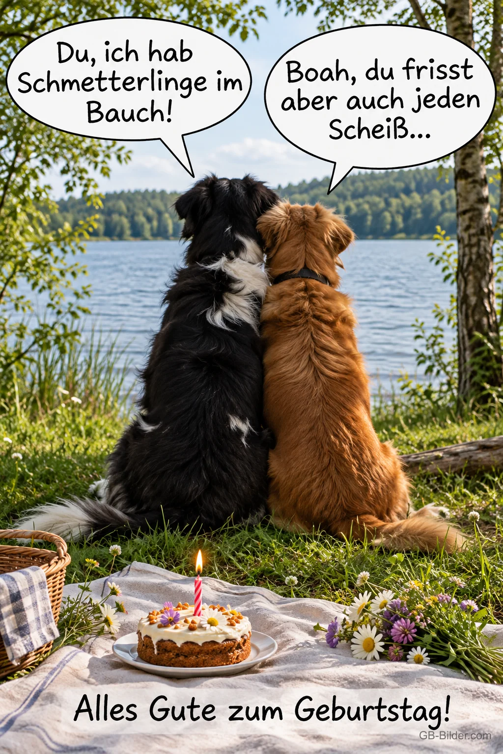 Zwei Hunde am See mit Picknick, lustiger Spruch, Alles Gute zum Geburtstag!