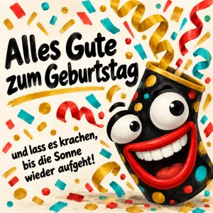 Lachender schwarzer Knaller mit Punkten zwischen Konfetti und Luftschlangen, Text: Alles Gute zum Geburtstag und lass es krachen, bis die Sonne wieder aufgeht!