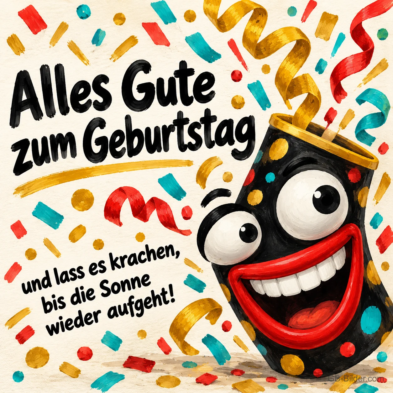 Lachender schwarzer Knaller mit Punkten zwischen Konfetti und Luftschlangen, Text: Alles Gute zum Geburtstag und lass es krachen, bis die Sonne wieder aufgeht!
