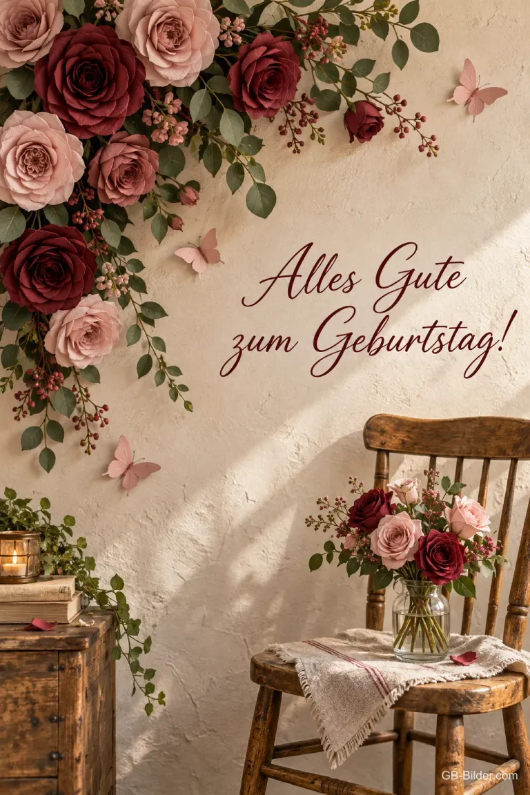 Rosenwand und Holzstuhl mit Blumen, Text: Alles Gute zum Geburtstag!