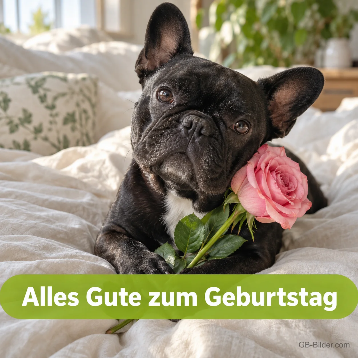 Französische Bulldogge mit Rose im Bett, Text: Alles Gute zum Geburtstag