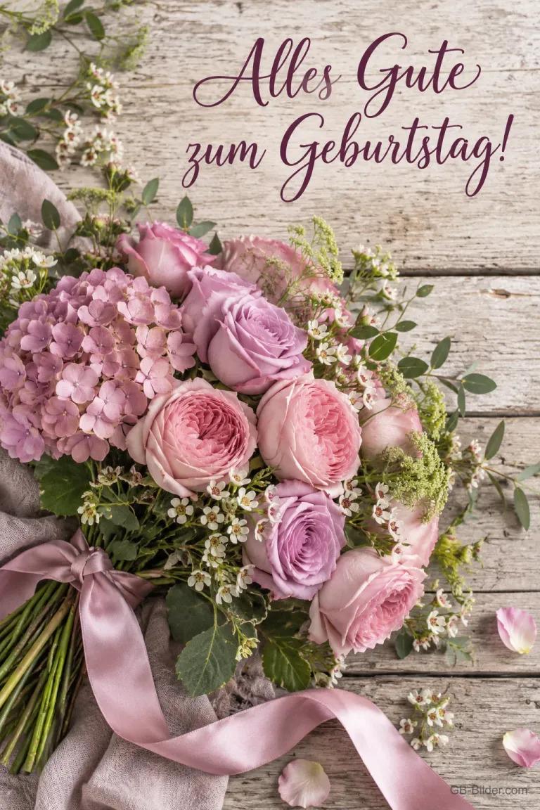Blumenstrauß aus Rosen und Hortensien, Text: Alles Gute zum Geburtstag!