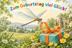 Libelle mit Geschenk über einer Wiese, Text: Zum Geburtstag viel Glück!